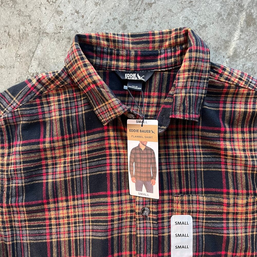 Eddie Bauer Men's Small Flannel Shirt Plaid Long Sleeve Cotton Black Red NWT New
